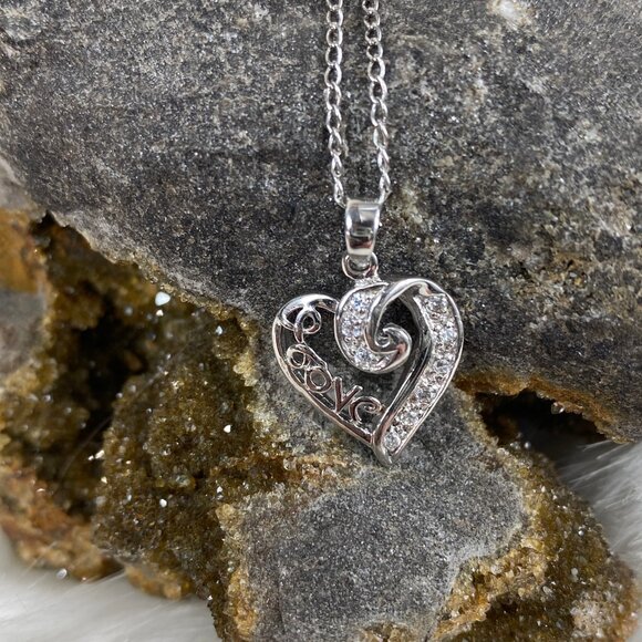 Sterling Silver CZ Heart Love Pendant Necklace 15" - Picture 2 of 7